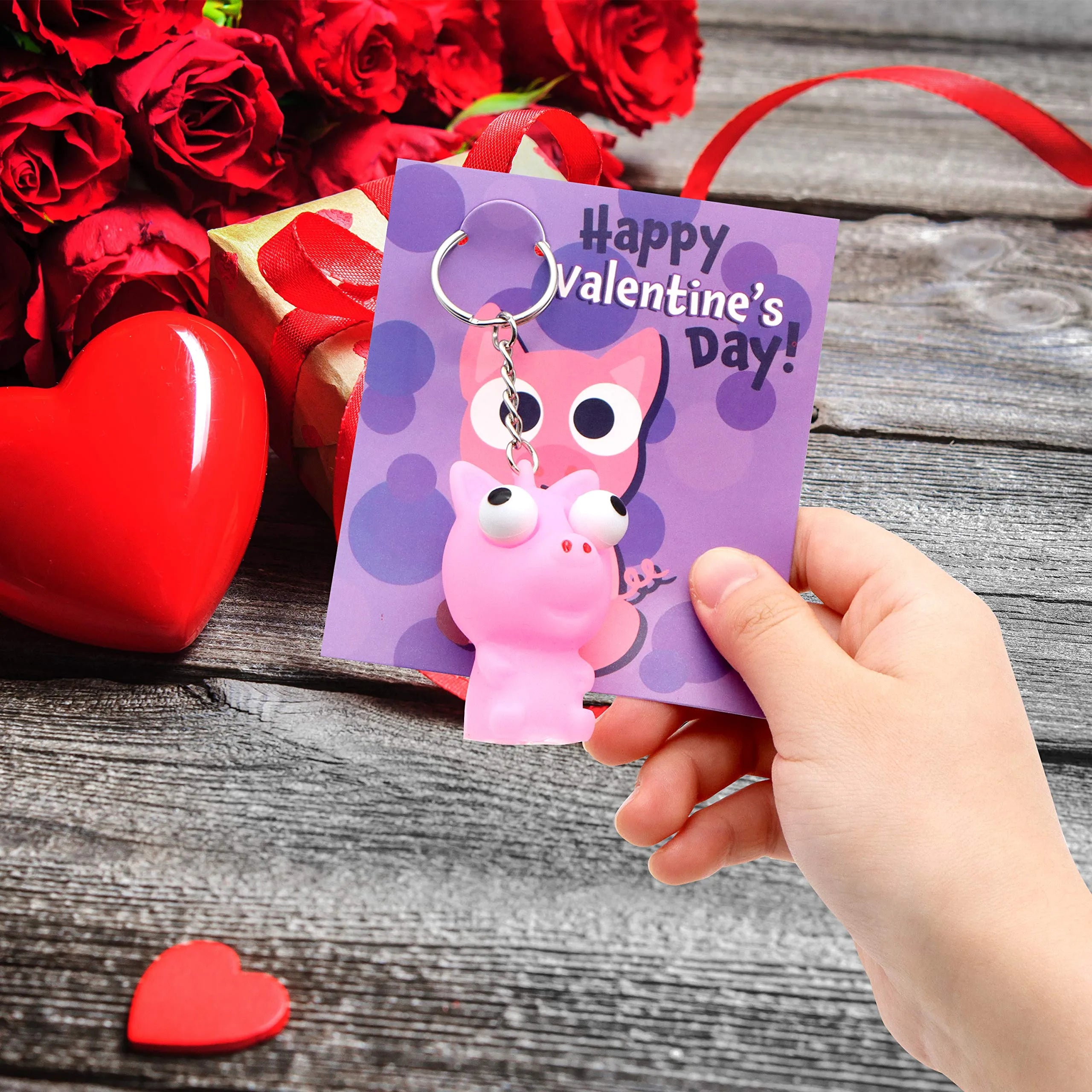 28Pcs Animal Keychains with Bulging Eyes and Kids Valentines Cards