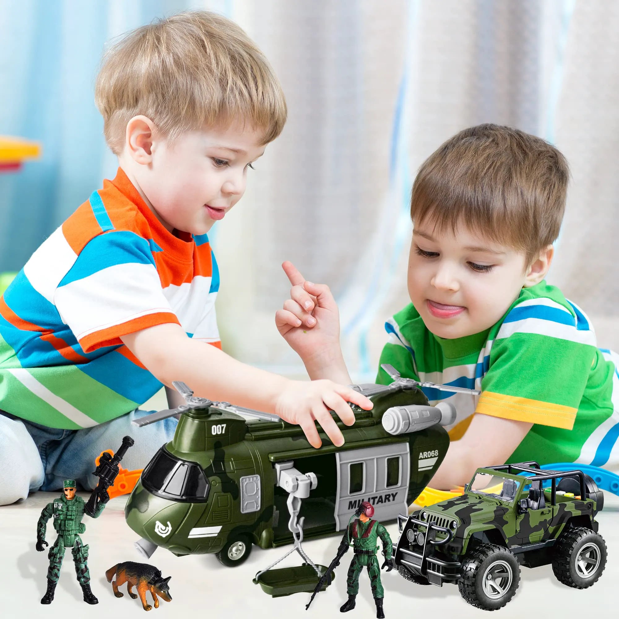 Friction Powered Helicopter & Military Truck Set