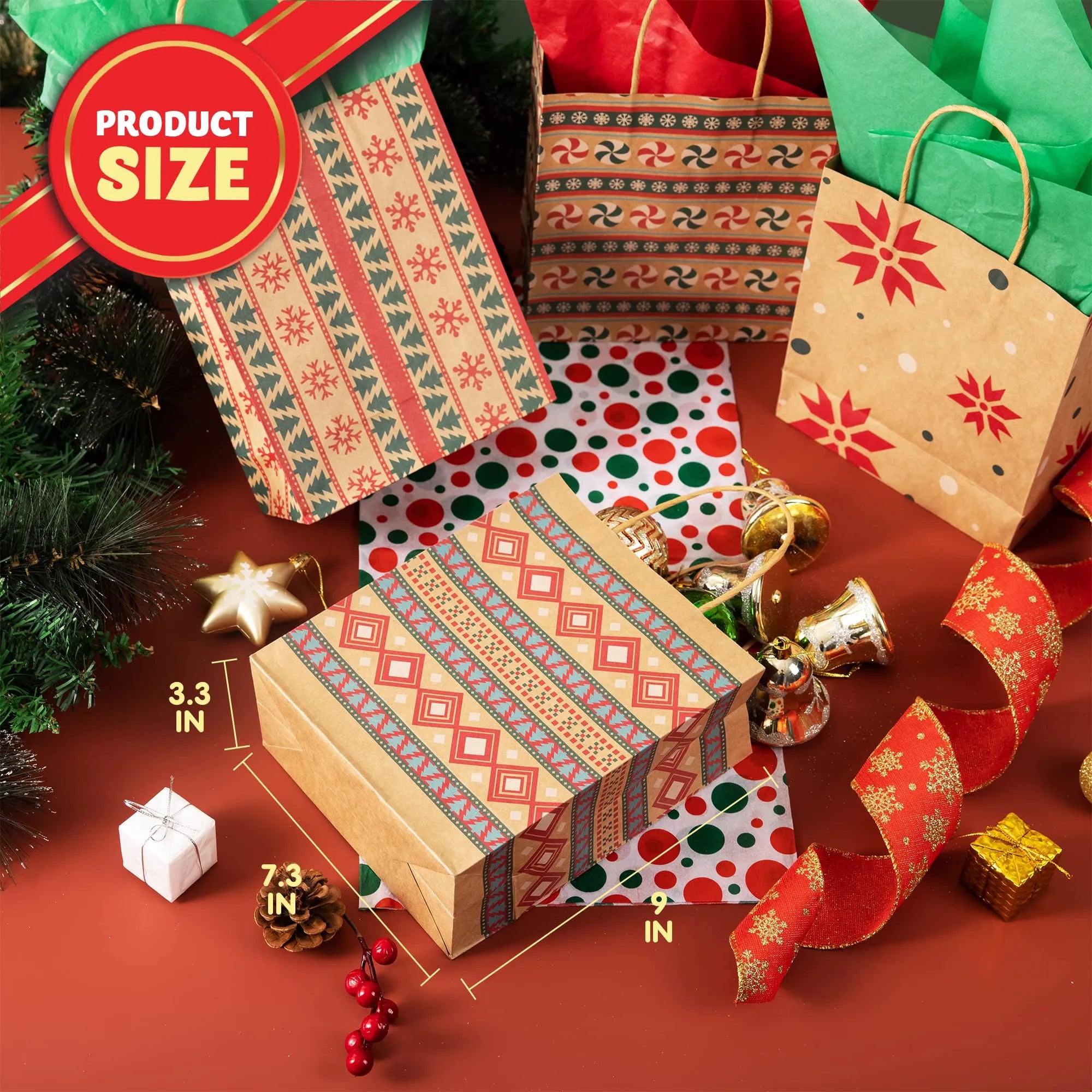 Kraft Holiday Gift Bags, 7.25 Inches, 24 Pack