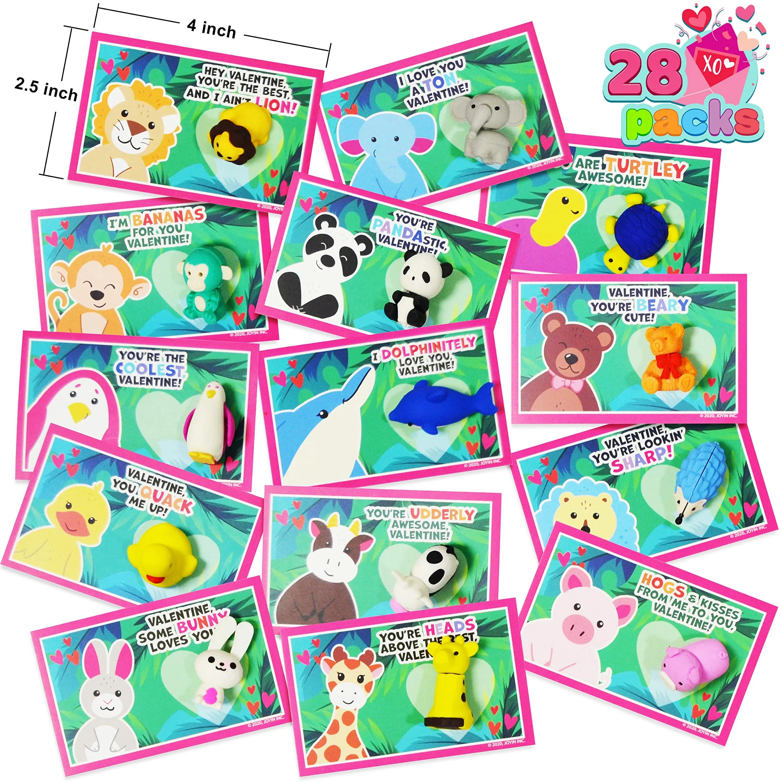 28Pcs Kids Valentine's Cards with Animal Erasers - Classroom Exchange Gifts