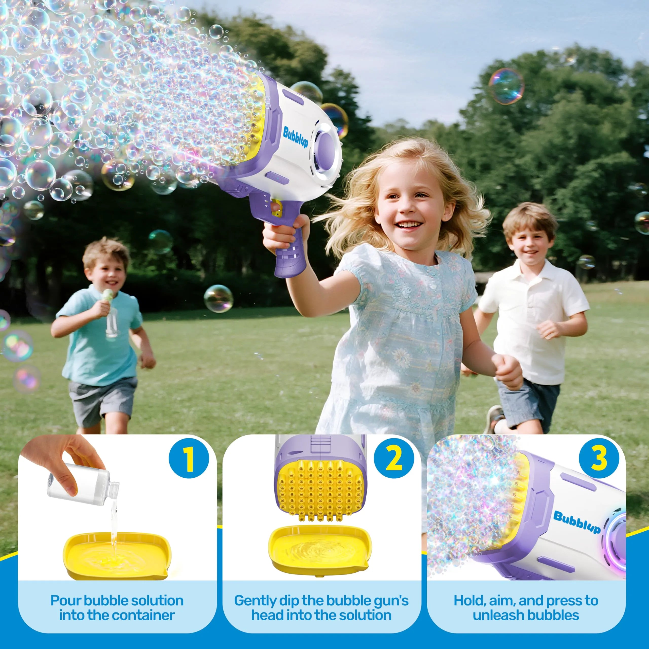 Play-Act 69 Holes Bubble Machine Guns Toys, Bazooka Rocket Shape Bubble Gun for Kids Adults, Colored Lights Blaster Blower with Solution,purple