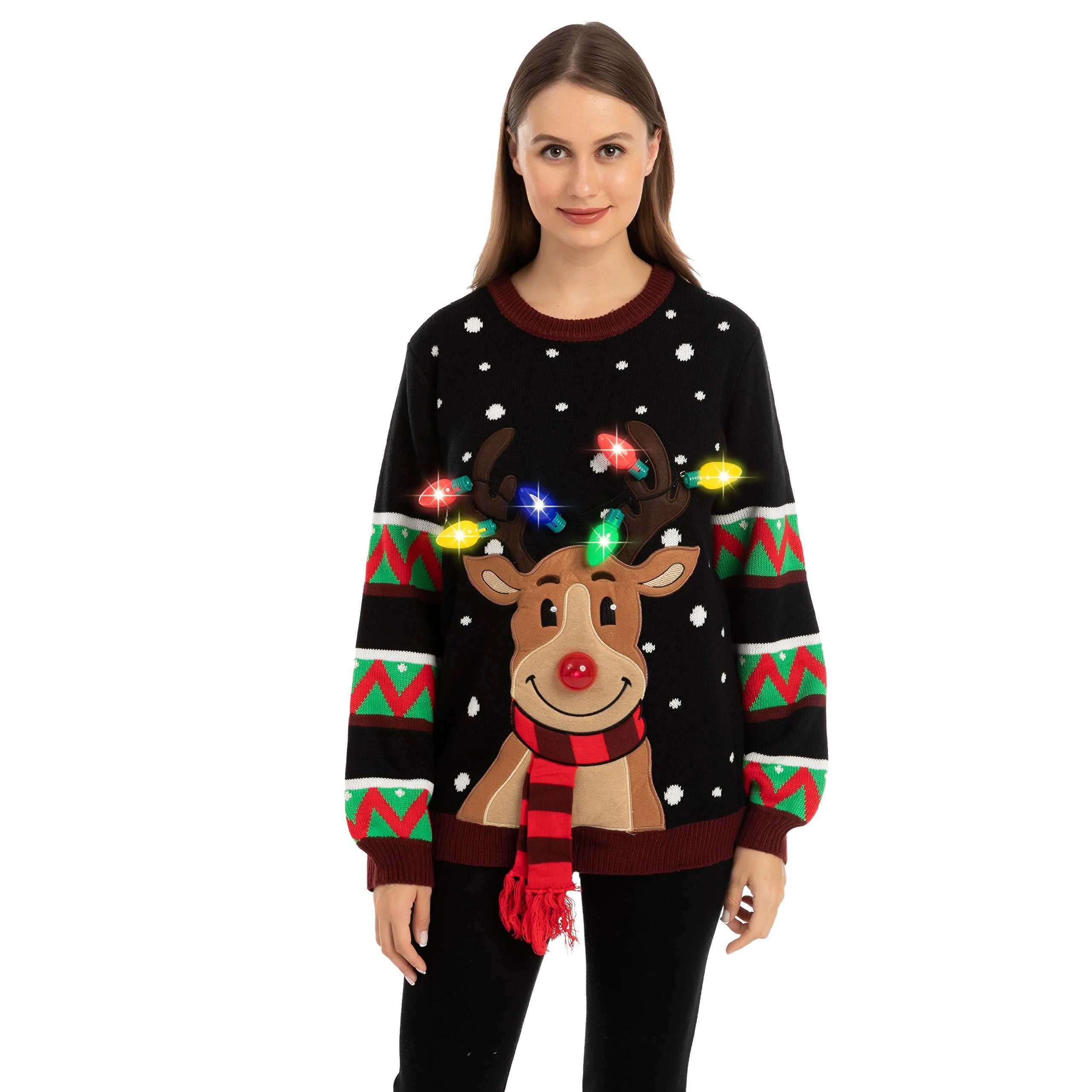Black Reindeer Ugly Christmas Sweater with Light Bulbs