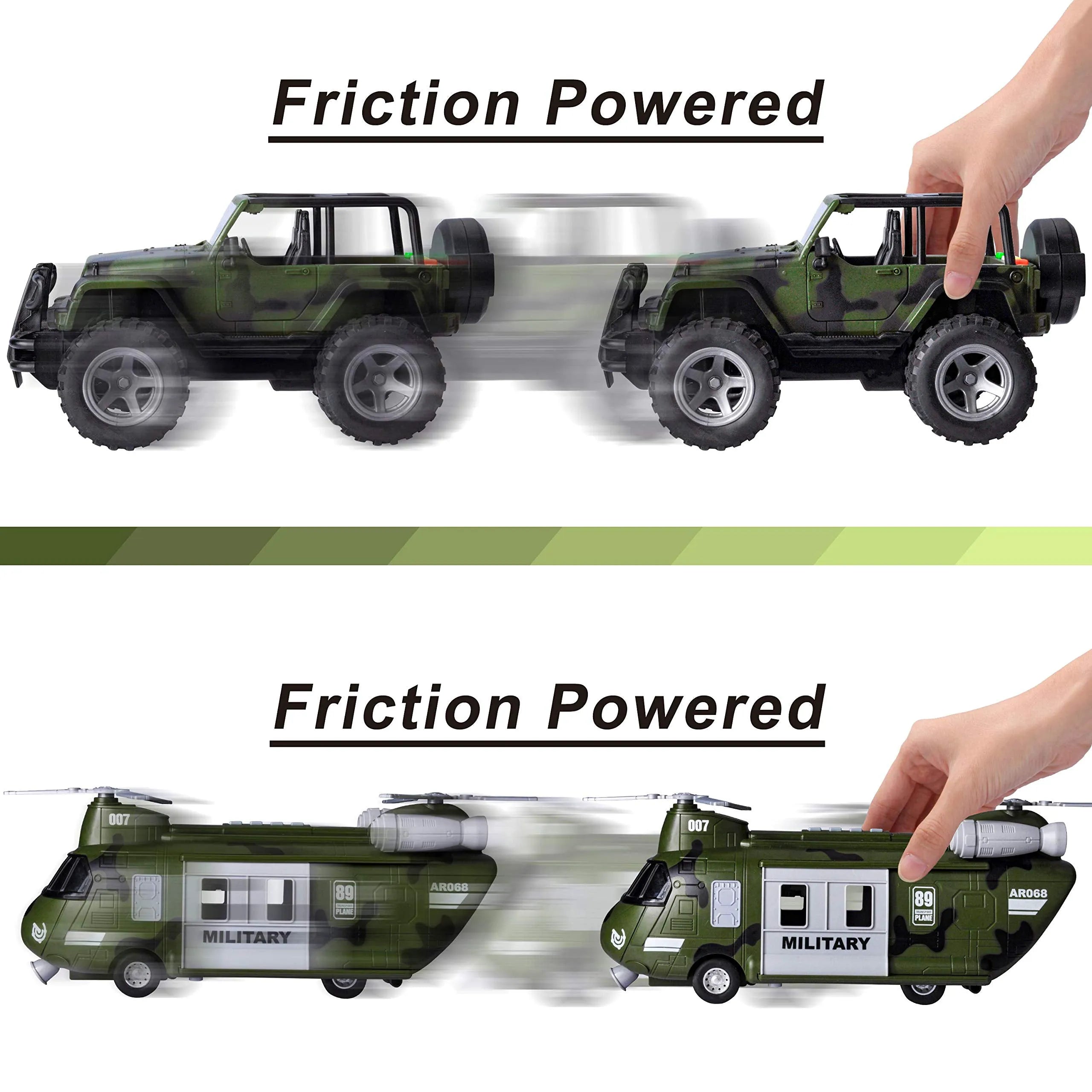 Friction Powered Helicopter & Military Truck Set