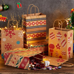 24 Pack Christmas Kraft Gift Bags with Assorted Holiday Prints
