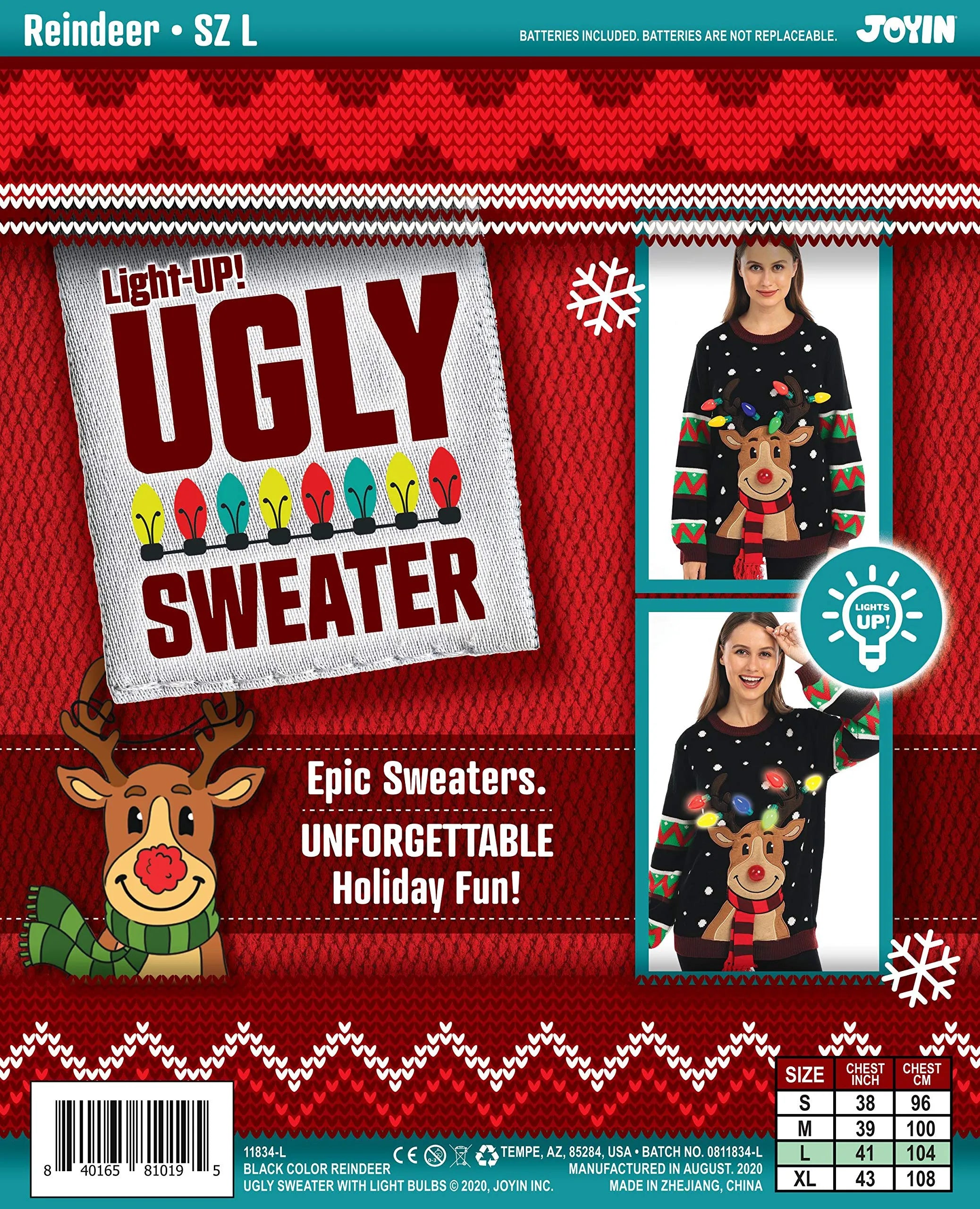 Black Reindeer Ugly Christmas Sweater with Light Bulbs