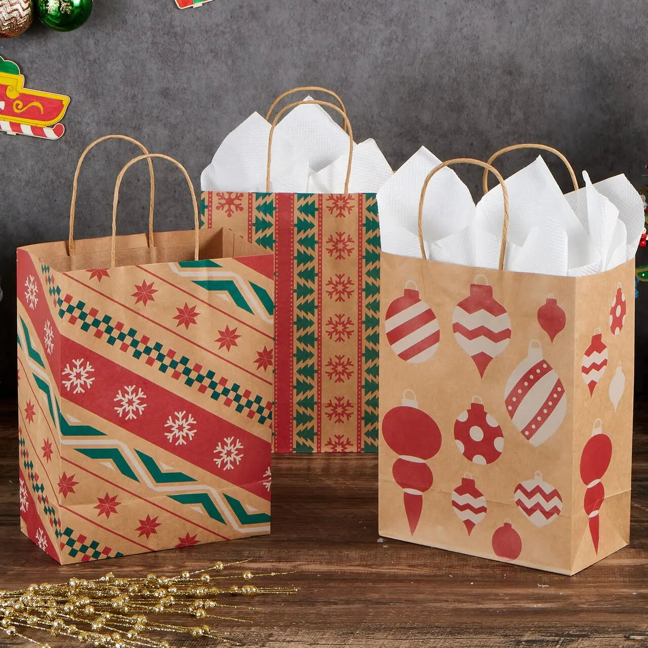 24 Pack Christmas Kraft Gift Bags with Assorted Holiday Prints