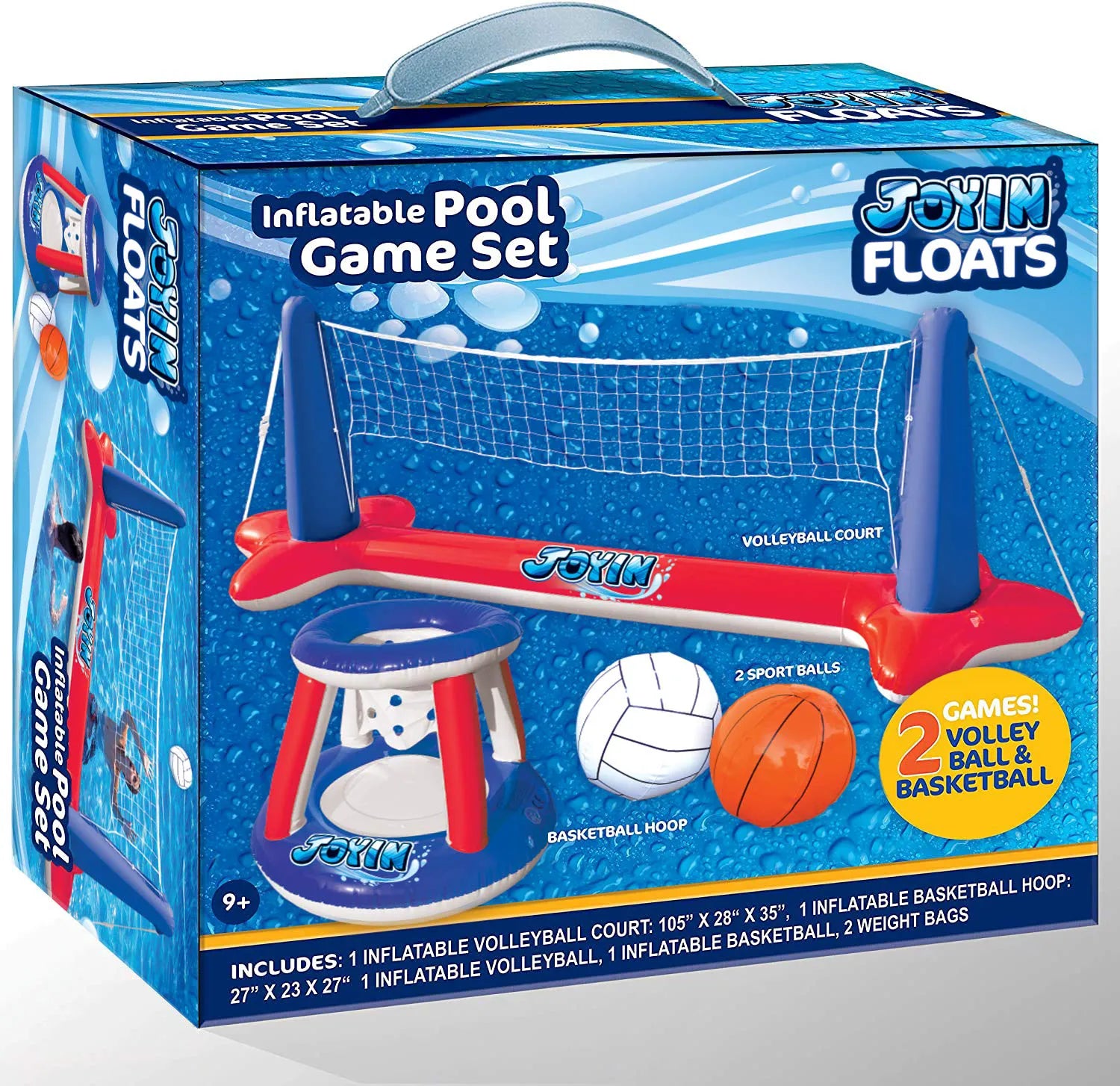 SLOOSH Inflatable Pool Float Set with Volleyball Net and Basketball Hoops, Red and Blue