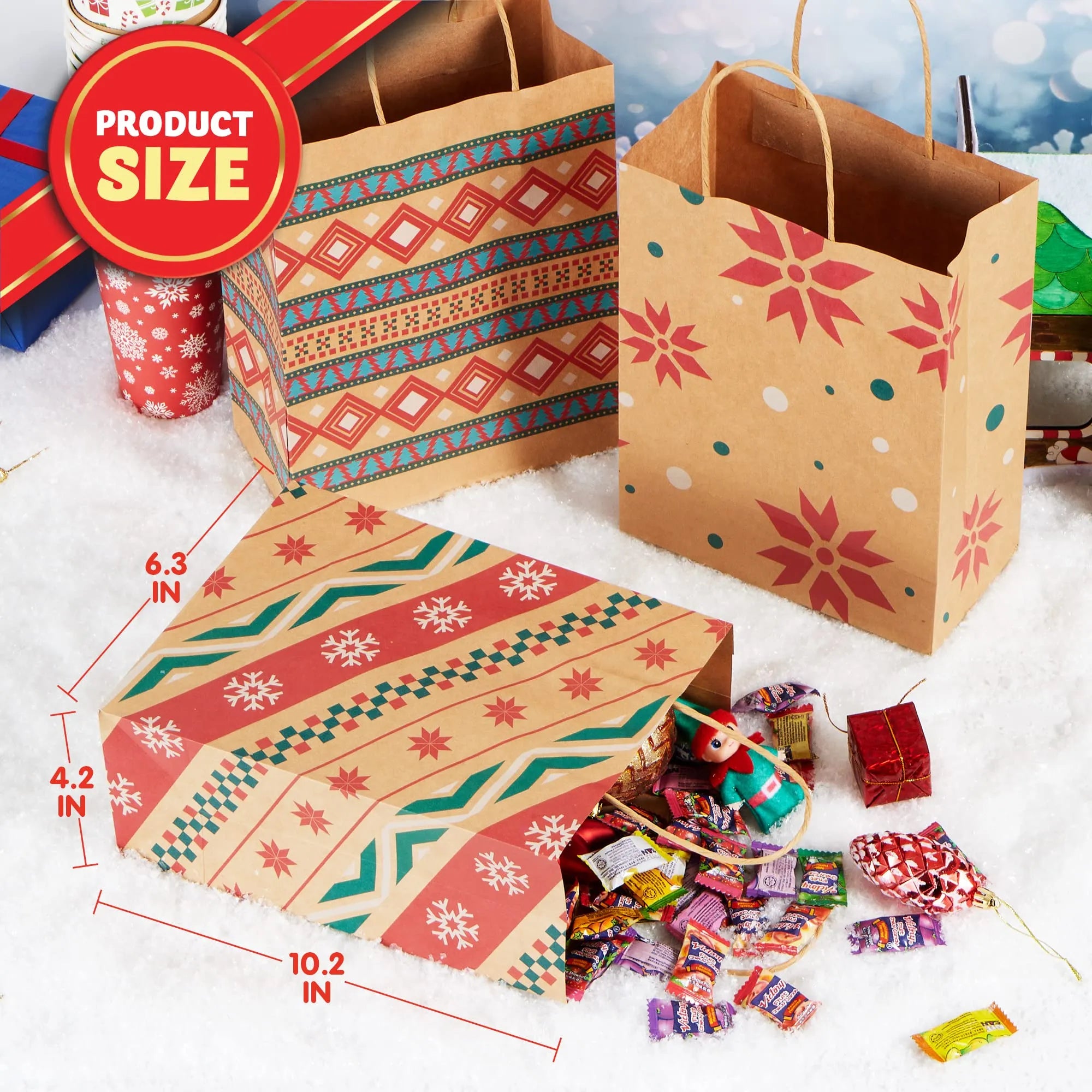 24 Pack Christmas Kraft Gift Bags with Assorted Holiday Prints