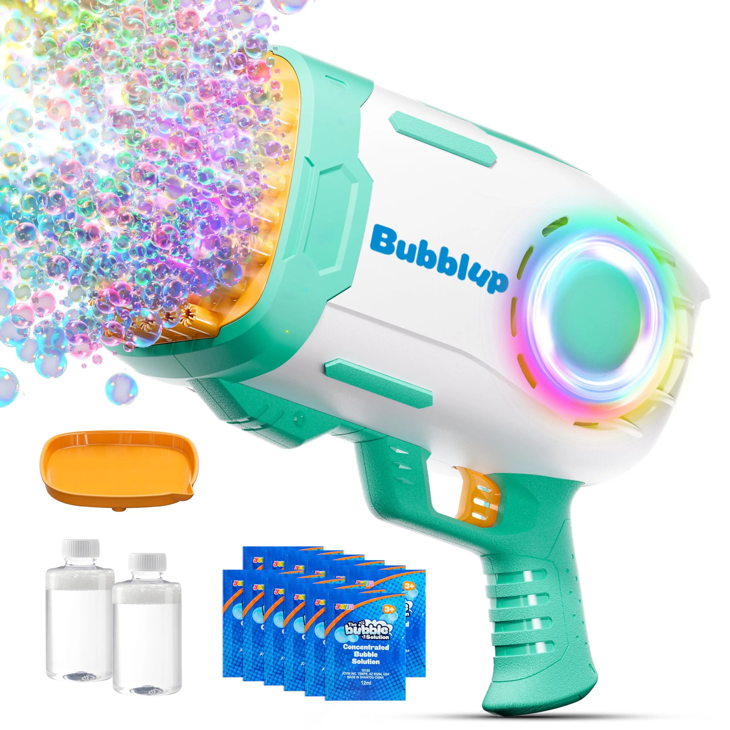 Play-Act 69-Hole Bubble Machine Gun Toy, Bazooka Rocket Shape Bubble Gun for Kids & Adults, Colored Lights Blaster with Solution