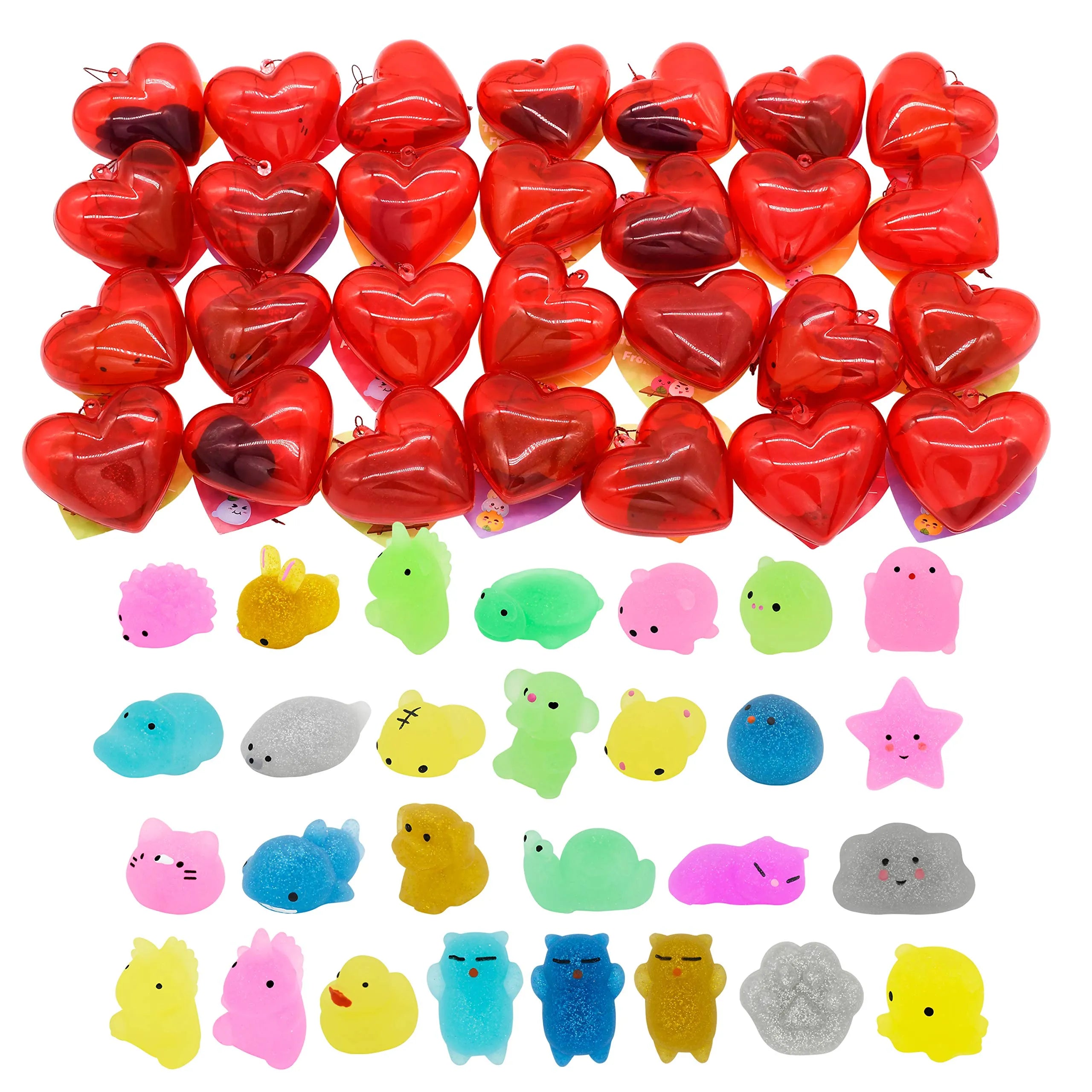 28Pcs Glitter Squishy Toys Filled Hearts Set with Valentines Day Cards for Kids-Classroom Exchange Gifts