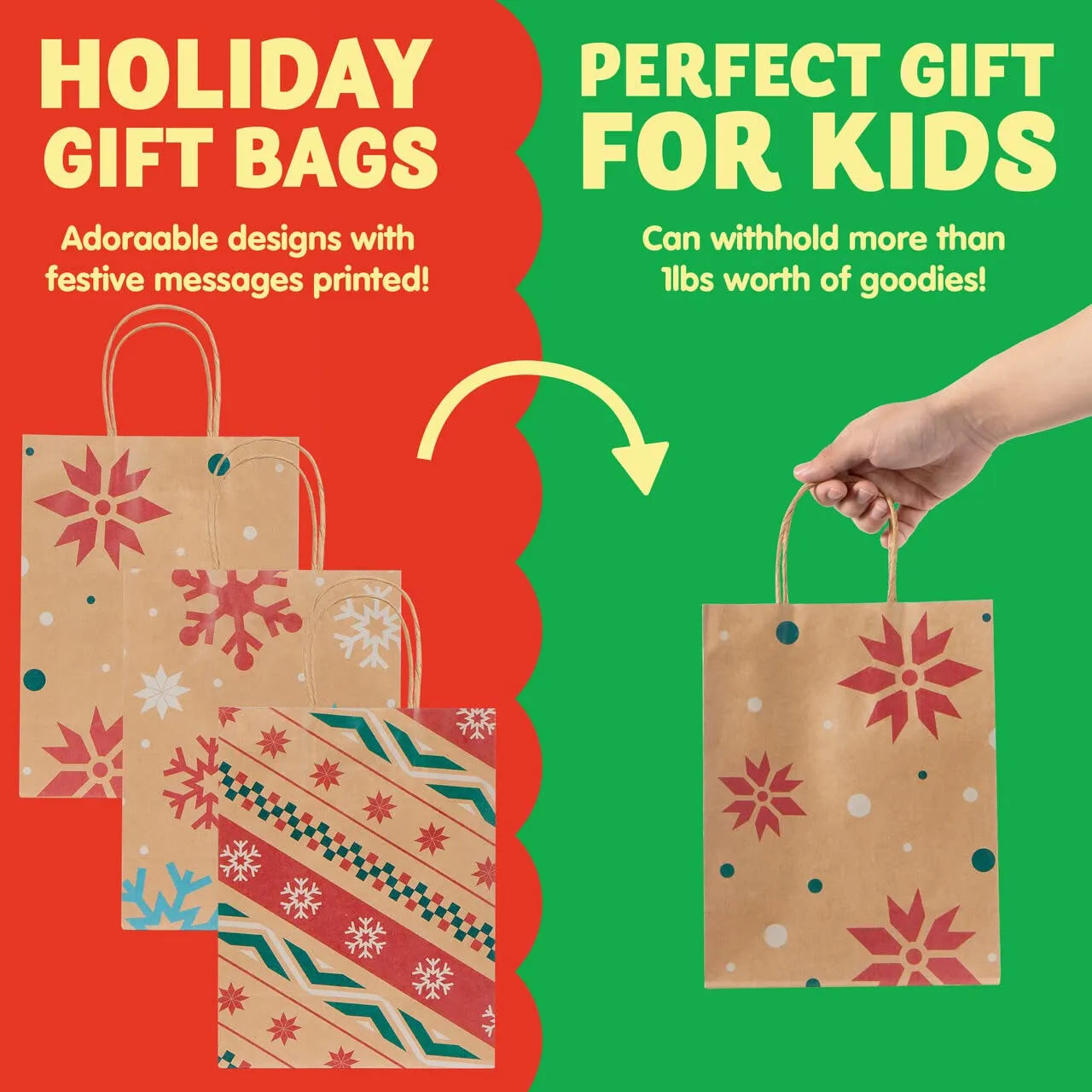 24 Pack Christmas Kraft Gift Bags with Assorted Holiday Prints