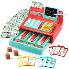 Kids Cash Register Toy with Play Money, Voice Calculator & Write Erase Pad - Educational Pretend Play for Toddlers 3+